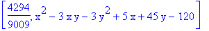 [4294/9009, x^2-3*x*y-3*y^2+5*x+45*y-120]